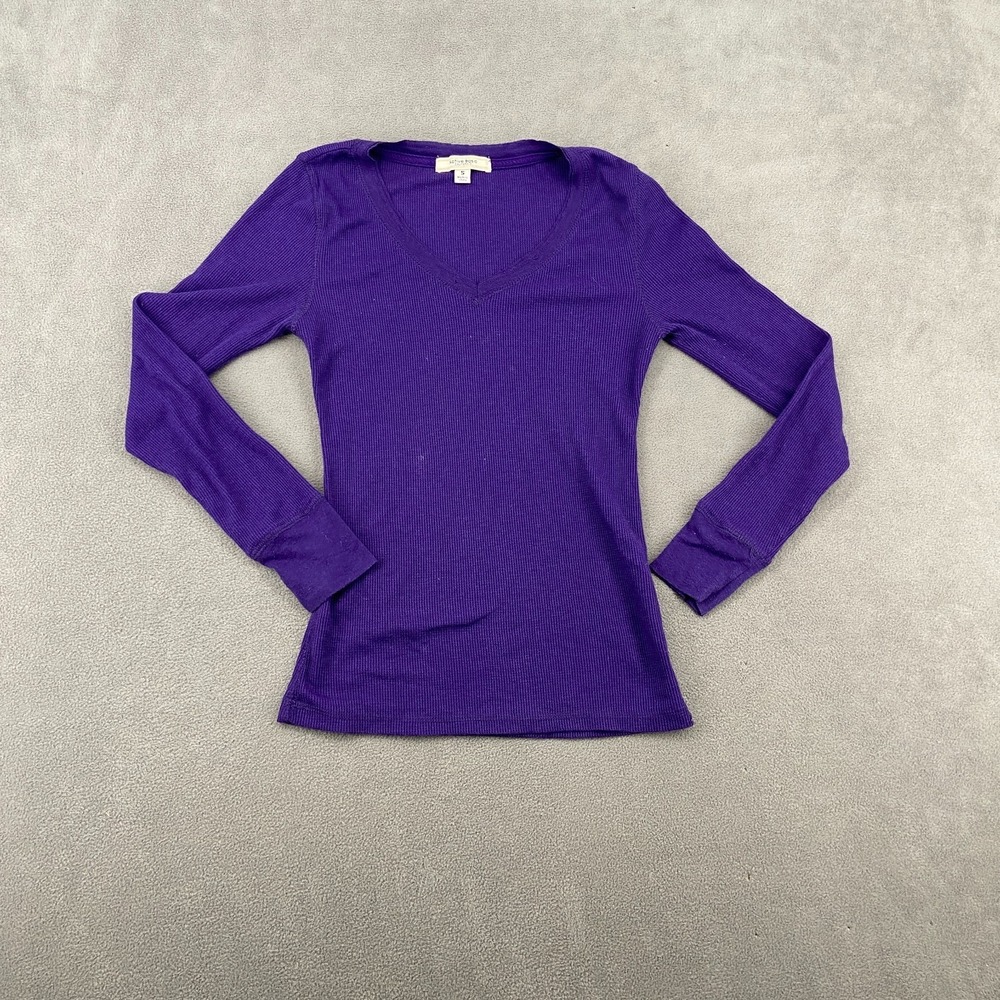 Active Basic Sweater Womens Small Purple Cotton Waffle Knit Ribbed V Neck Winter